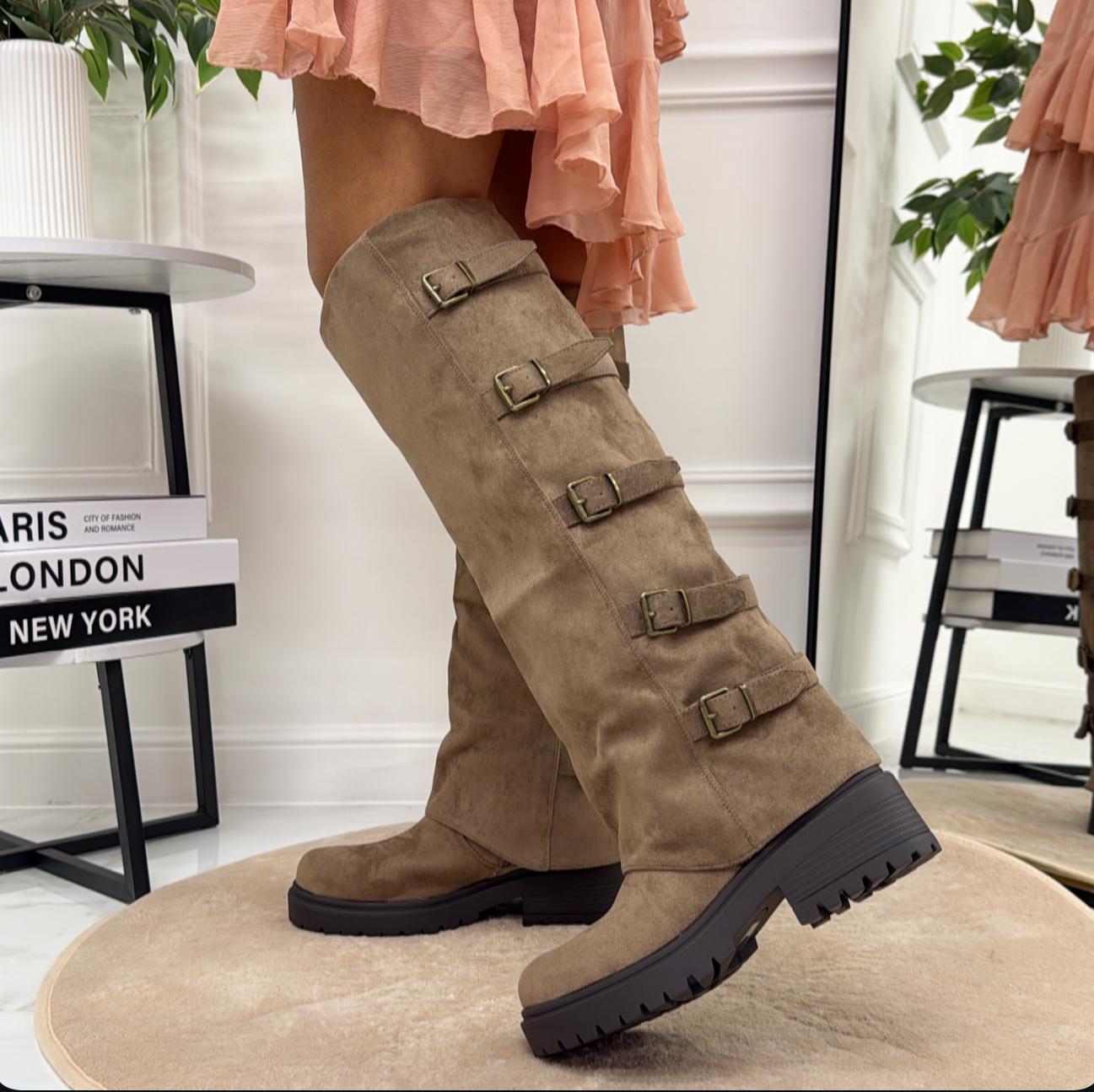 Teodora - Stivale Donna Alto Punta Tonda Donna Fibbie Khaki