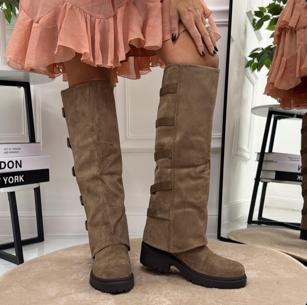 Teodora - Stivale Donna Alto Punta Tonda Donna Fibbie Khaki
