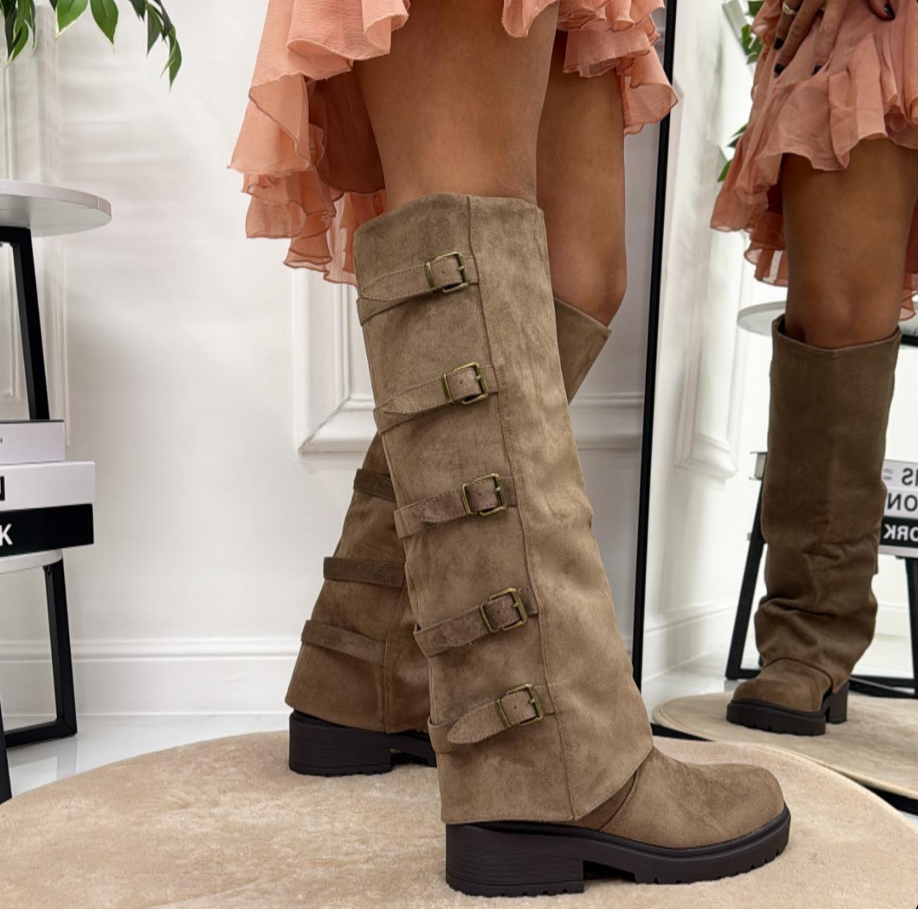 Teodora - Stivale Donna Alto Punta Tonda Donna Fibbie Khaki