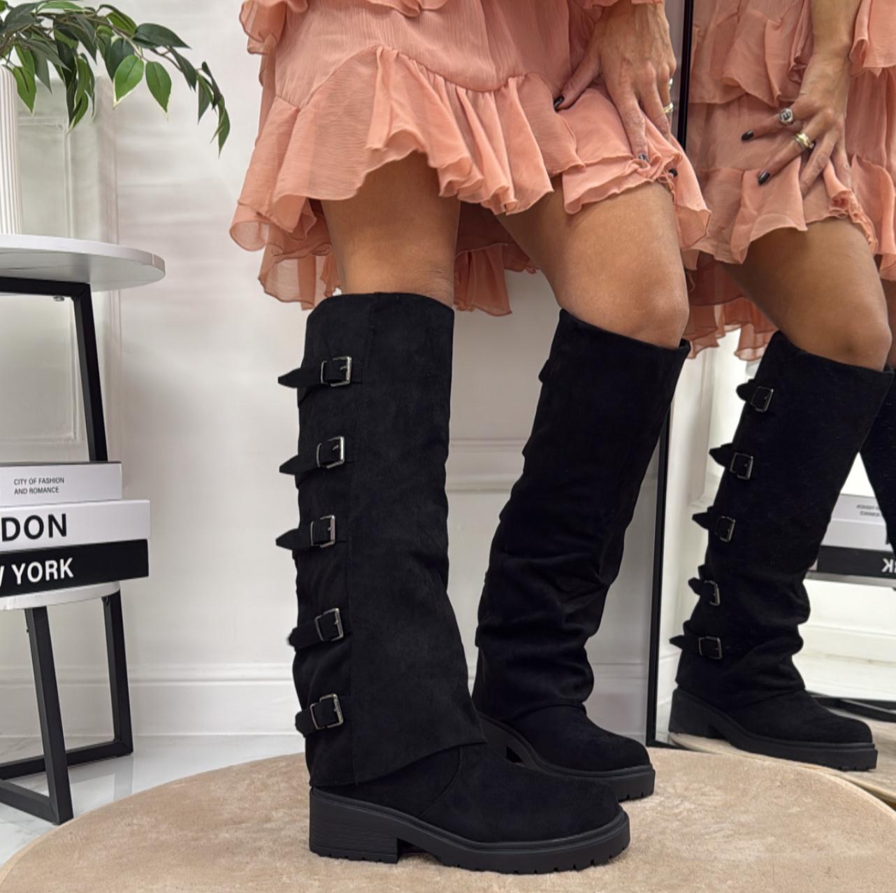 Teodora - Stivale Donna Alto Punta Tonda Donna Fibbie Nero