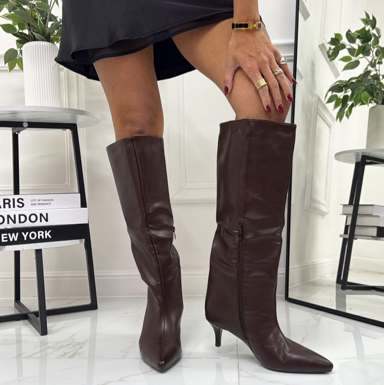 Lucky - Stivale Donna Alto Tacco Punta Casual Elegante Marrone