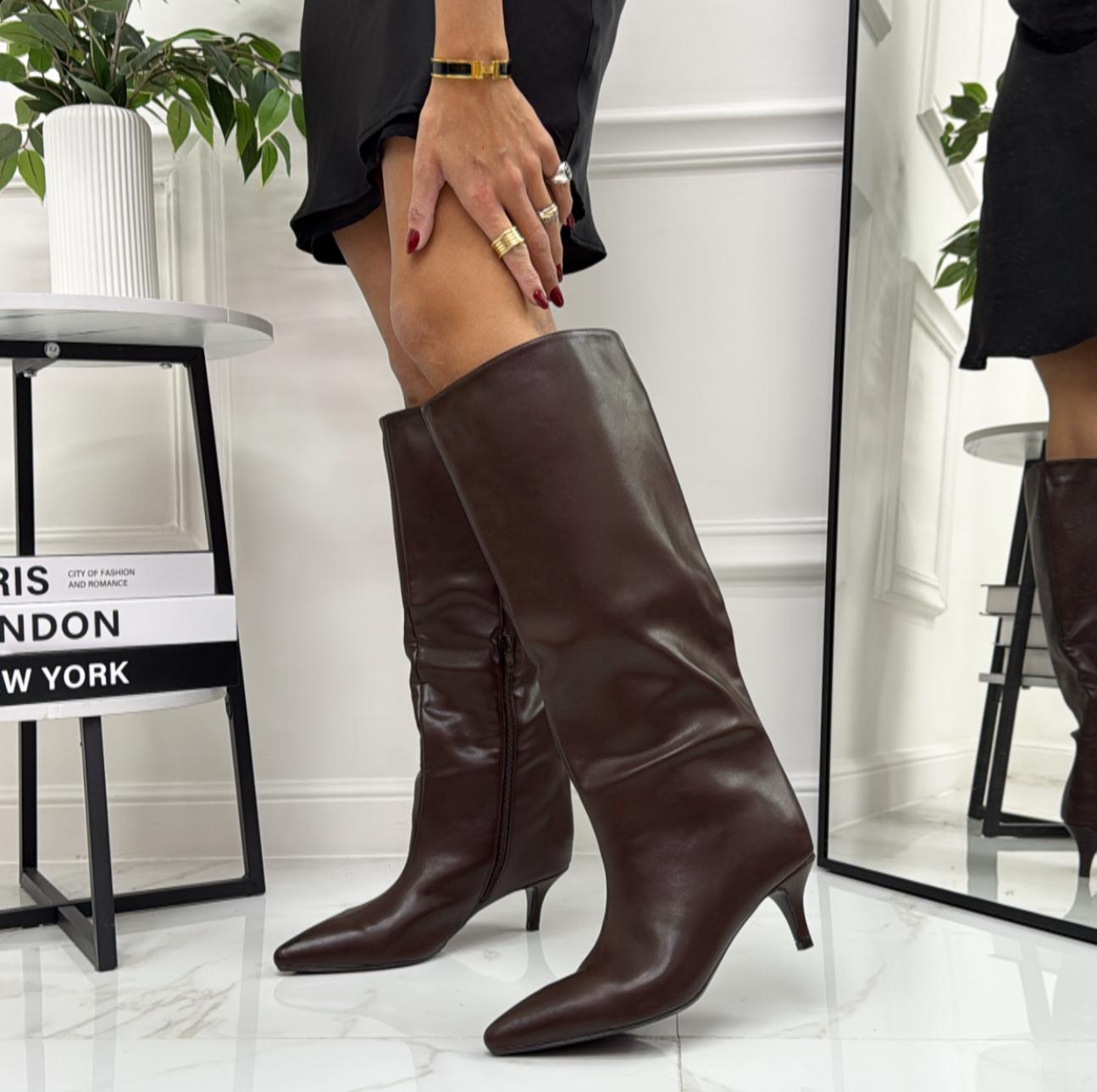 Lucky - Stivale Donna Alto Tacco Punta Casual Elegante Marrone