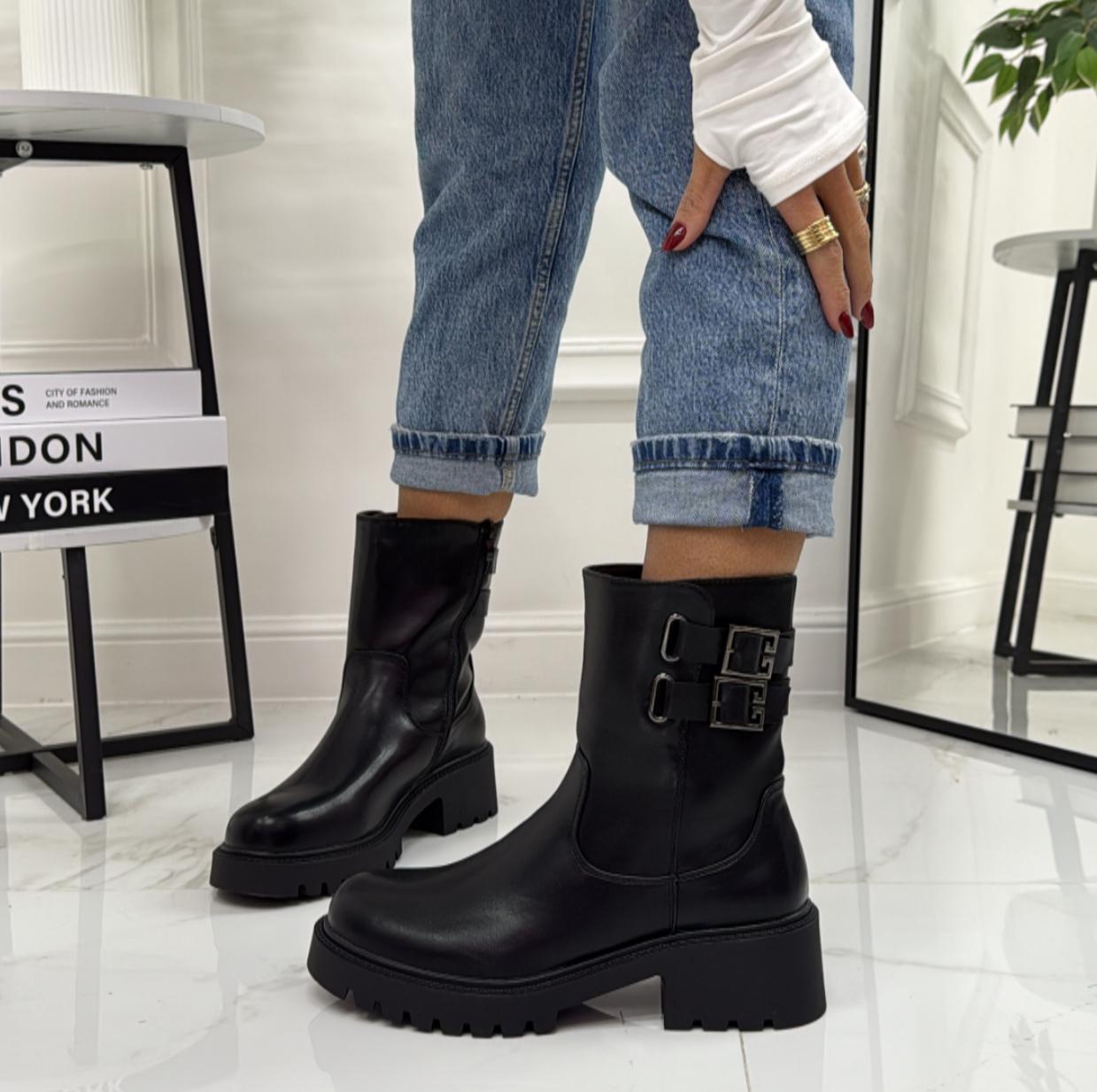 Lirien - Stivaletto Anfibio Donna Scarpa Basso Casual Fibbia Nero