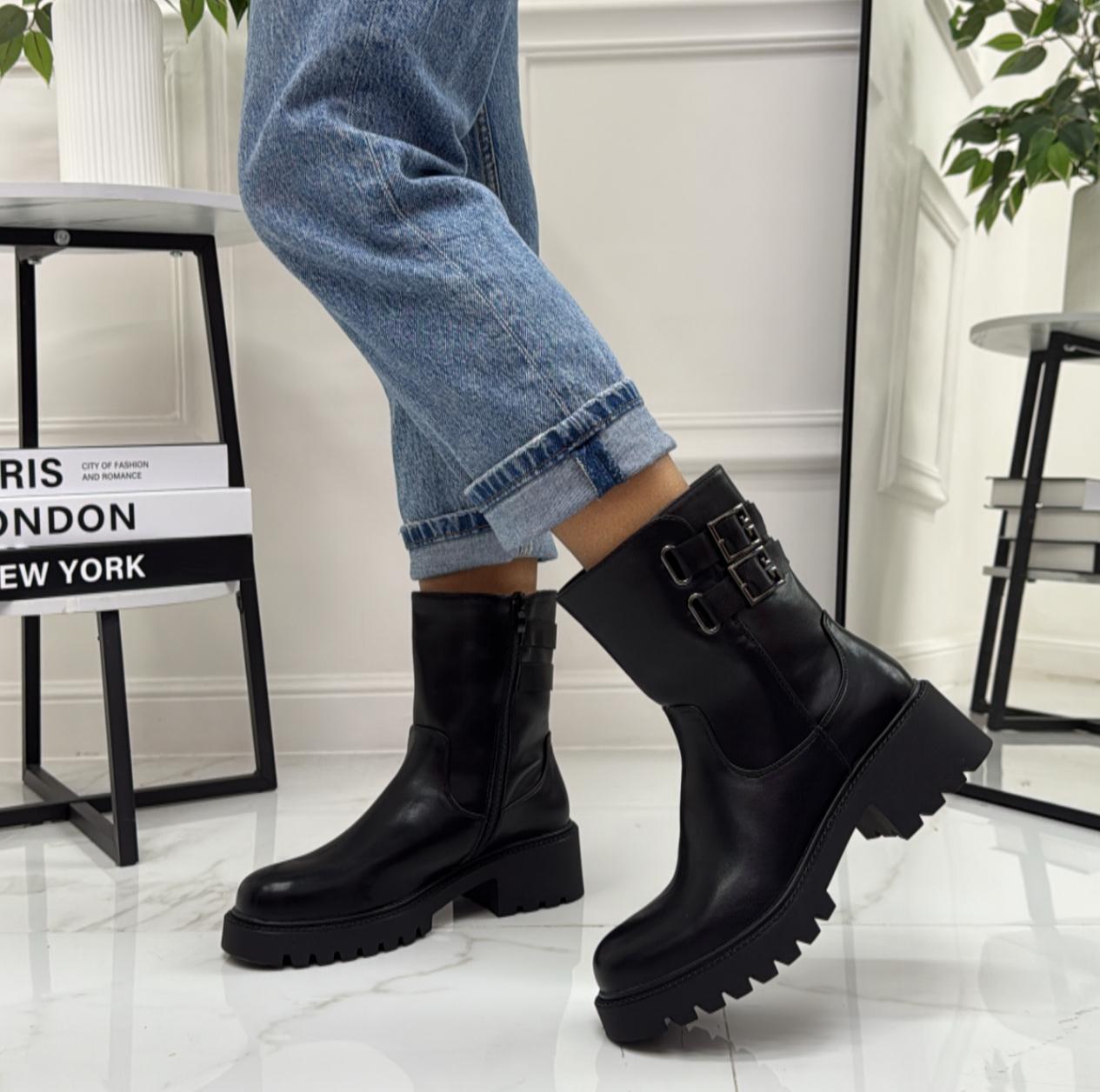 Lirien - Stivaletto Anfibio Donna Scarpa Basso Casual Fibbia Nero