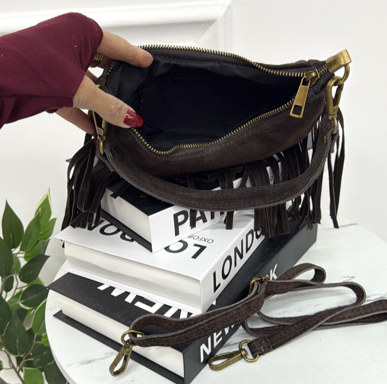 Jamaica - Borsa Donna Manico Frange in Pelle Scamosciata