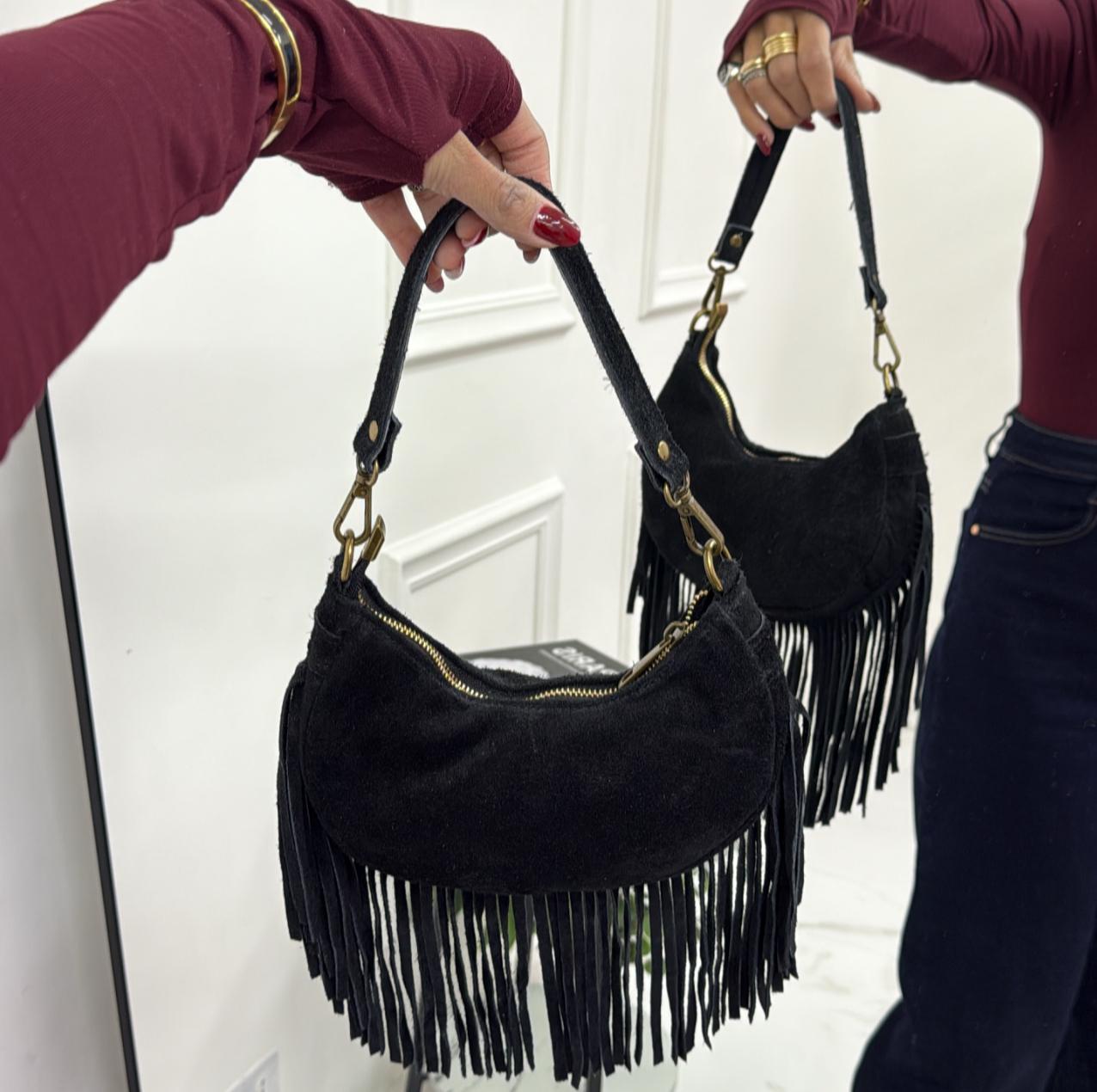 Jamaica - Borsa Donna Manico Frange in Pelle Scamosciata