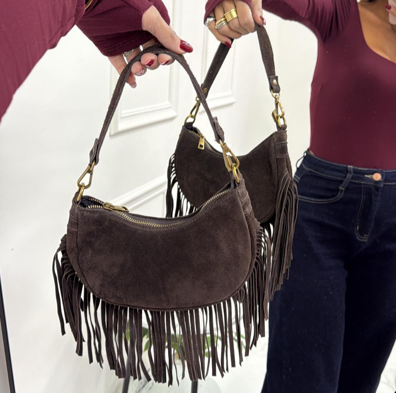 Jamaica - Borsa Donna Manico Frange in Pelle Scamosciata