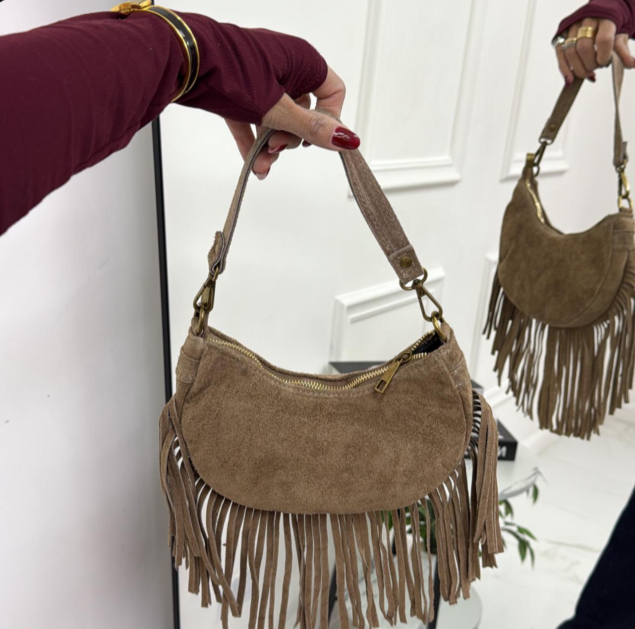 Jamaica - Borsa Donna Manico Frange in Pelle Scamosciata