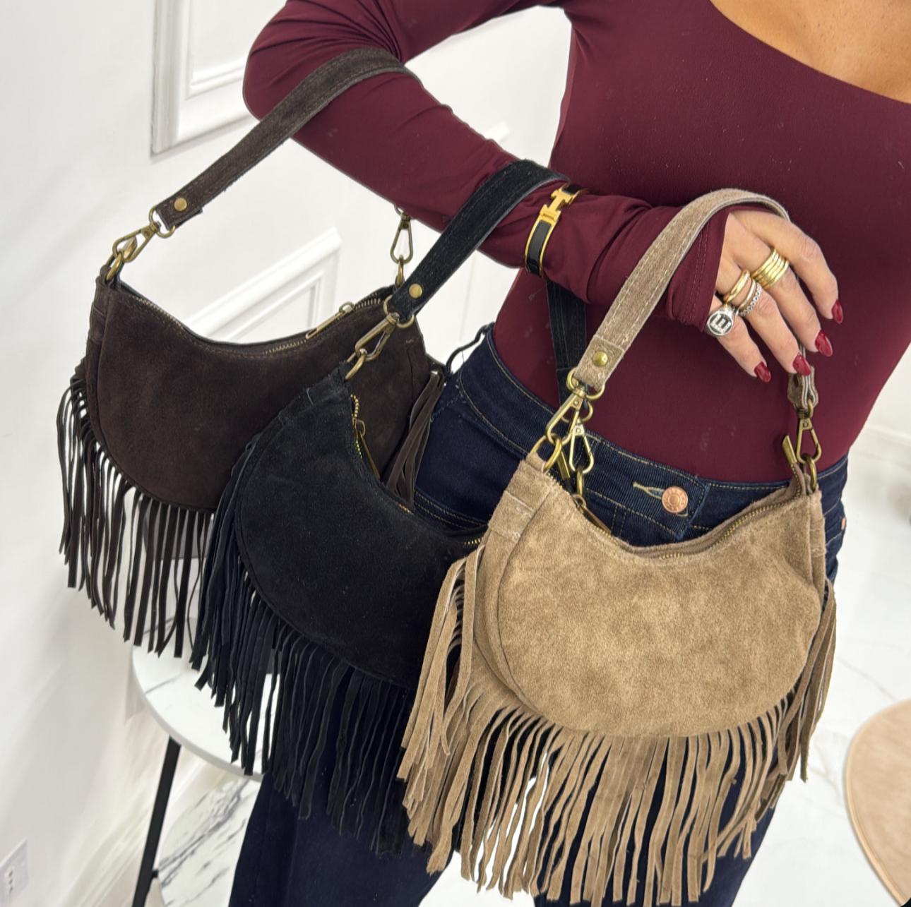 Jamaica - Borsa Donna Manico Frange in Pelle Scamosciata