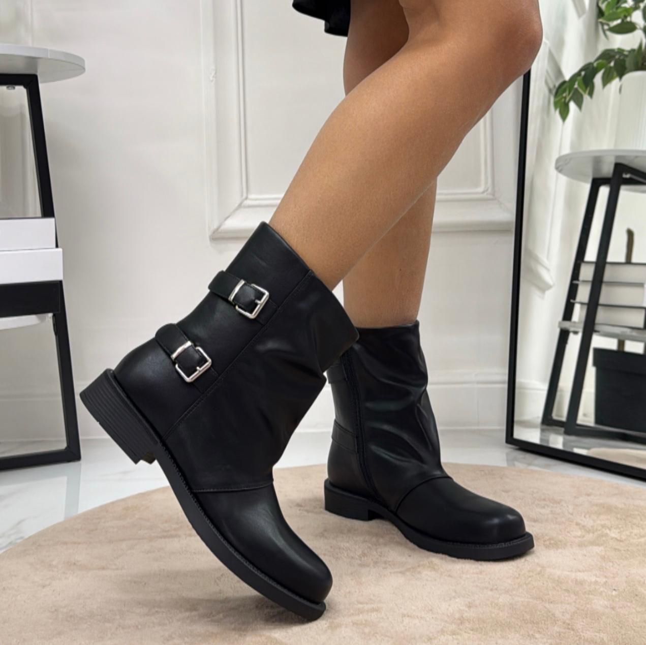 Beyoncè - Stivaletti Donna Anfibio Basso Fibbie Nero