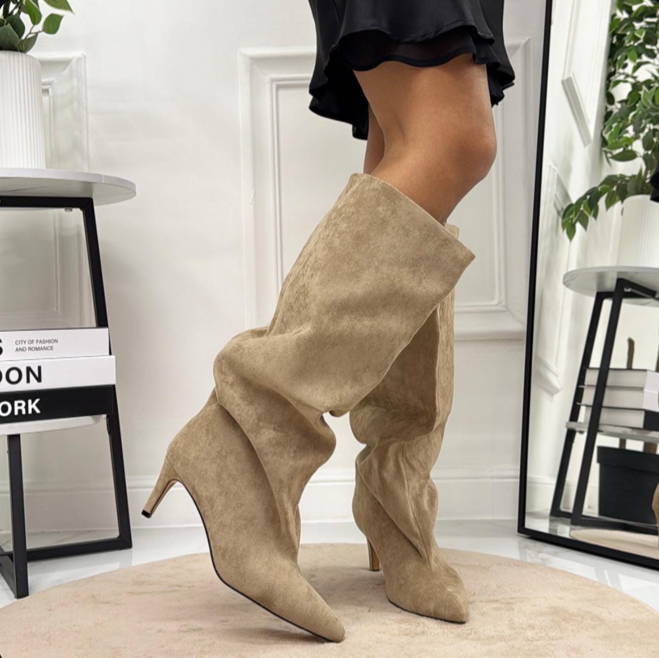 Tamara - Stivale Donna Alto Tacco Punta Casual Elegante Beige