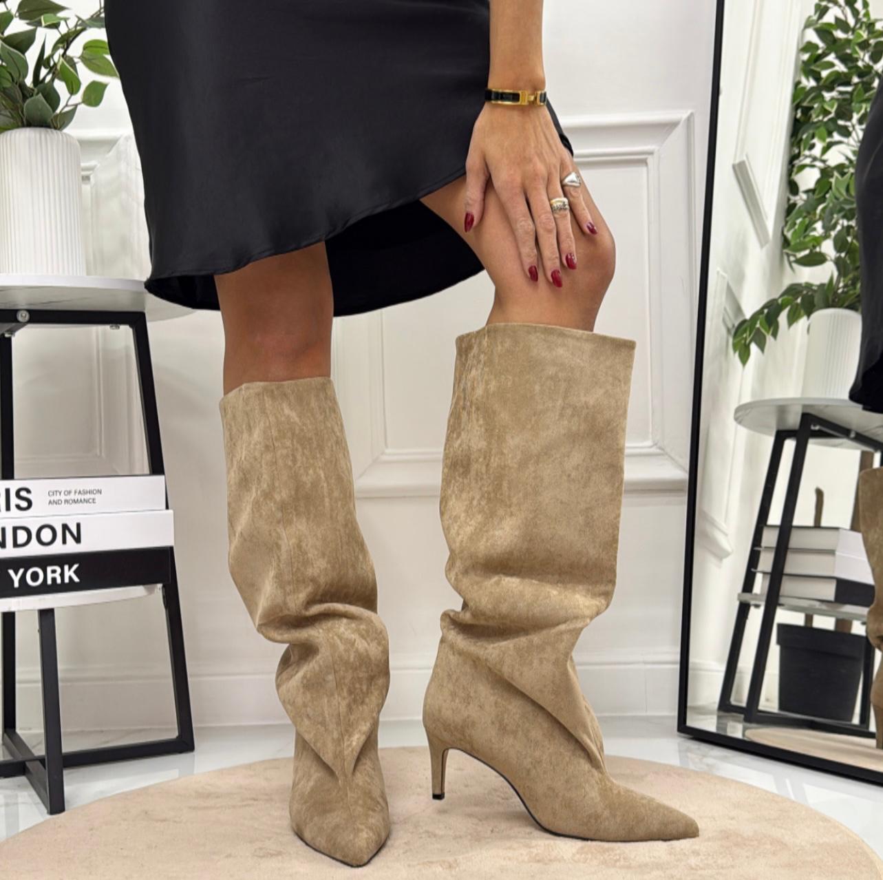 Tamara - Stivale Donna Alto Tacco Punta Casual Elegante Beige