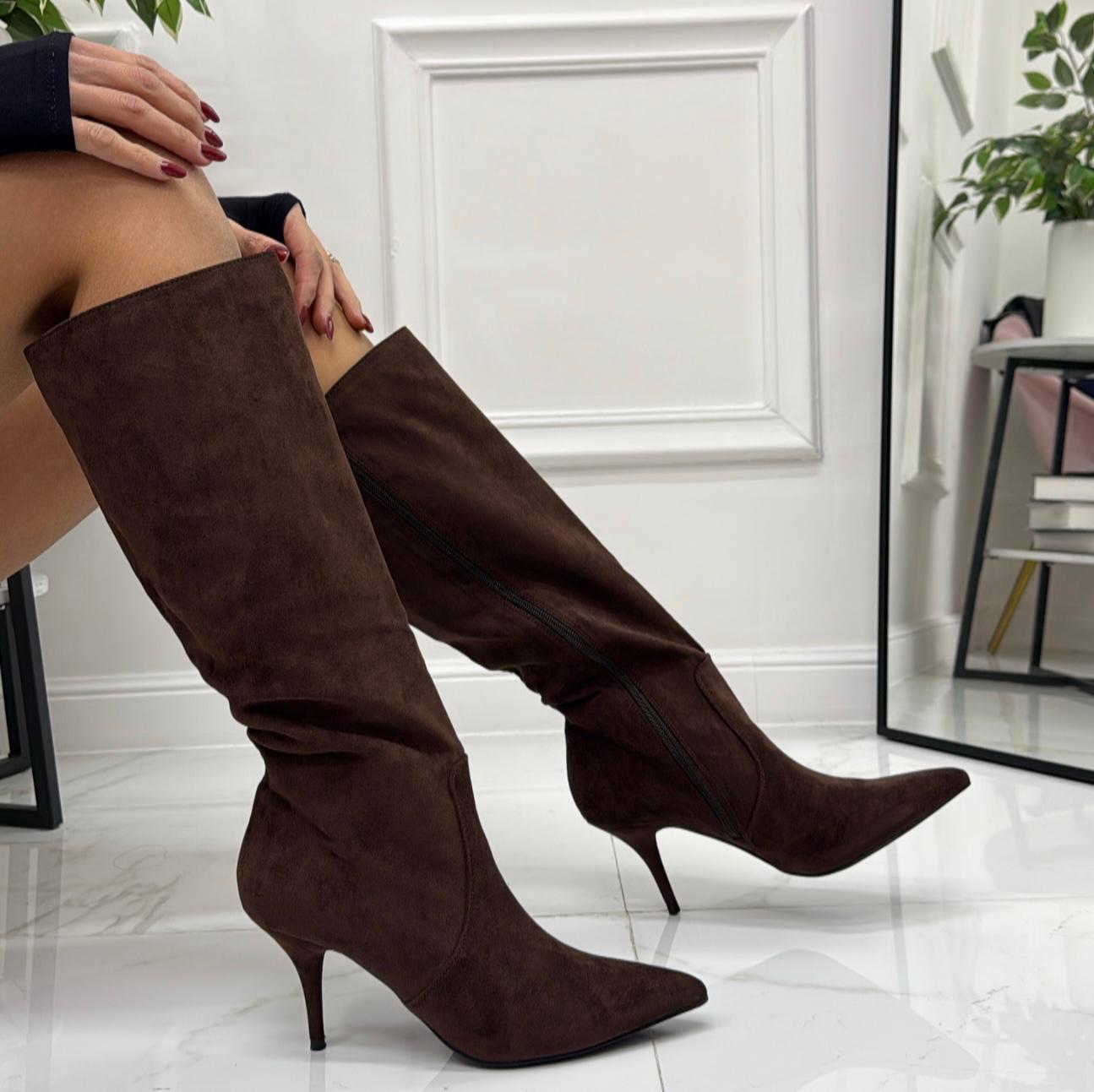 Morèn - Stivale Donna Alto Tacco Punta Casual Elegante Marrone