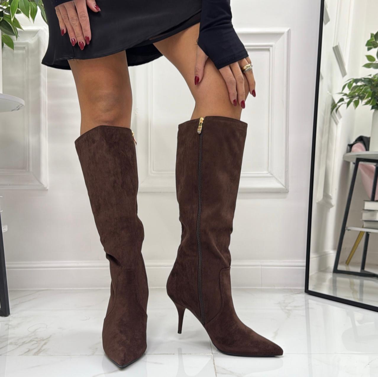 Morèn - Stivale Donna Alto Tacco Punta Casual Elegante Marrone