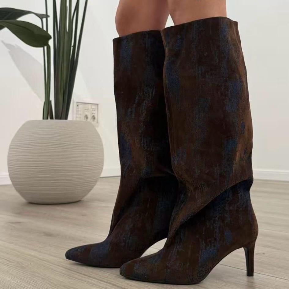 Naomi - Stivale Donna Alto Tacco Punta Casual Elegante Blu e Marrone