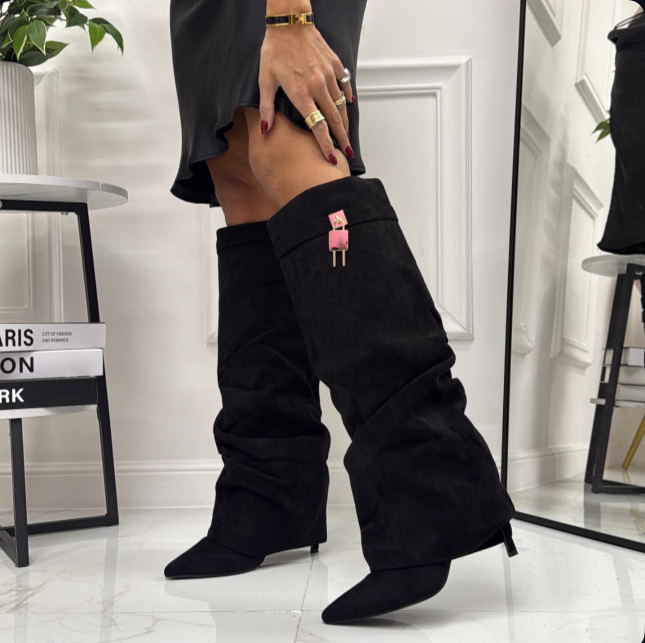 Lucilla - Stivale Alto Donna Scarpa Punta Tacco Spillo Nero