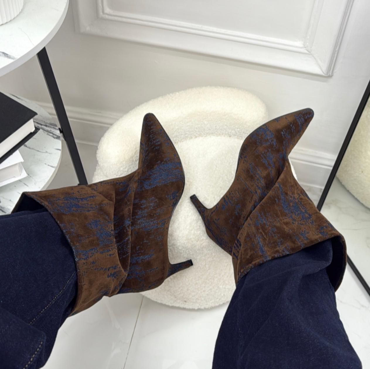 Ayla - Stivale Donna Alto Tacco Punta Casual Elegante Jeans Blu e Marrone