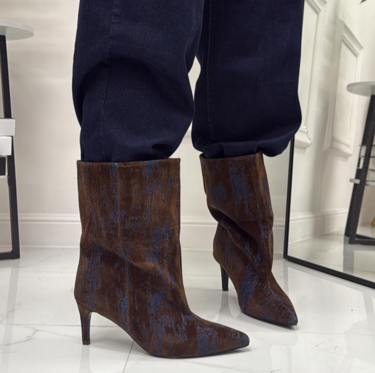 Ayla - Stivale Donna Alto Tacco Punta Casual Elegante Jeans Blu e Marrone