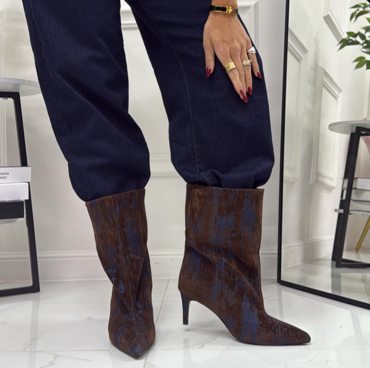 Ayla - Stivale Donna Alto Tacco Punta Casual Elegante Jeans Blu e Marrone