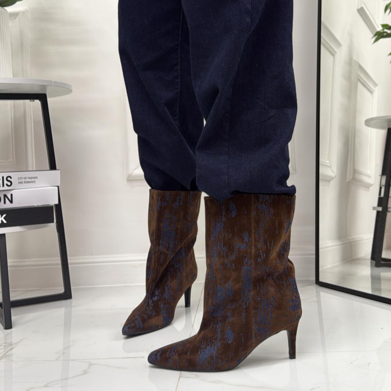 Ayla - Stivale Donna Alto Tacco Punta Casual Elegante Jeans Blu e Marrone