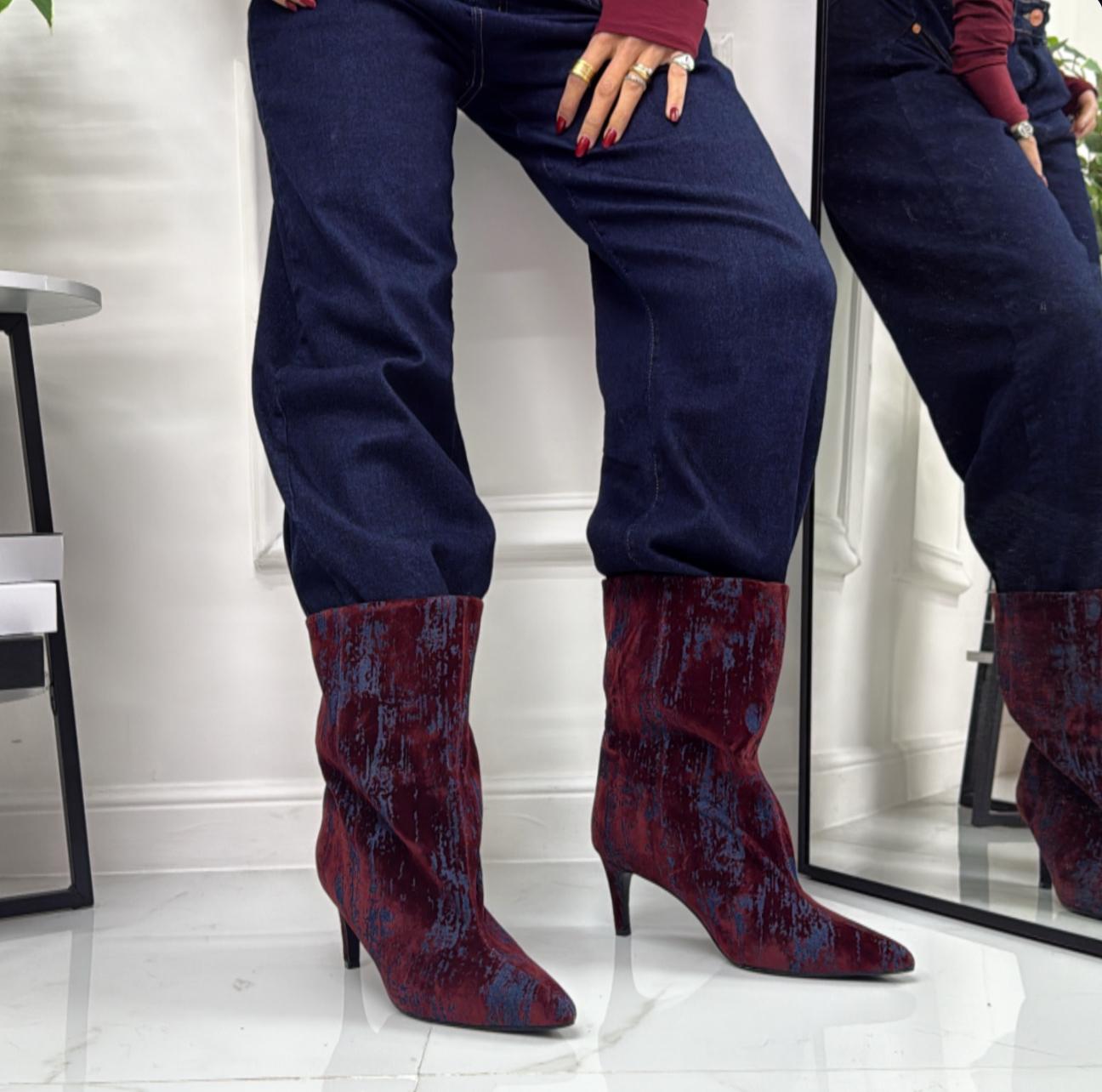 Ayla - Stivale Donna Alto Tacco Punta Casual Elegante Jeans Blu e Bordeaux