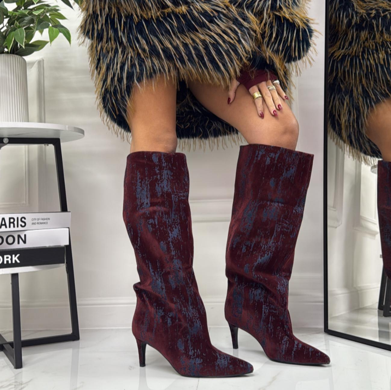 Naomi - Stivale Donna Alto Tacco Punta Casual Elegante Blu e Bordeaux