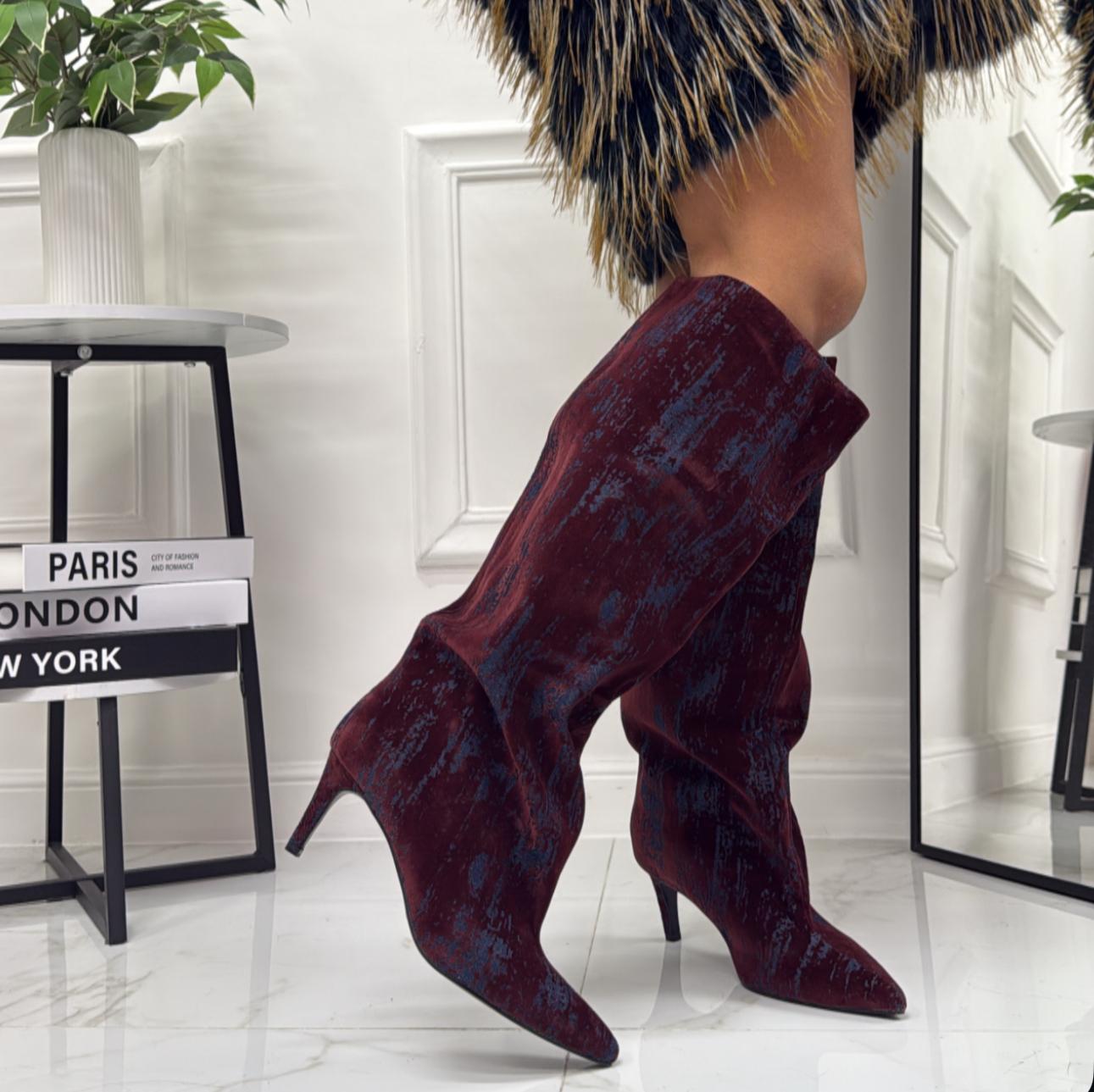 Naomi - Stivale Donna Alto Tacco Punta Casual Elegante Blu e Bordeaux