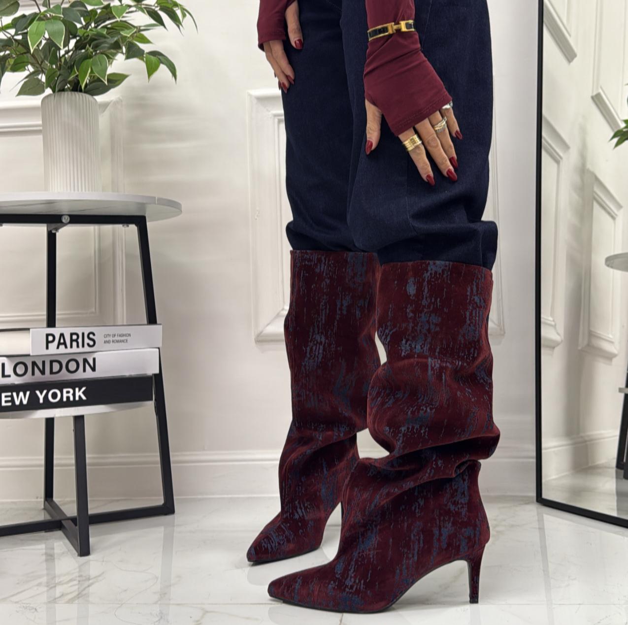 Naomi - Stivale Donna Alto Tacco Punta Casual Elegante Blu e Bordeaux