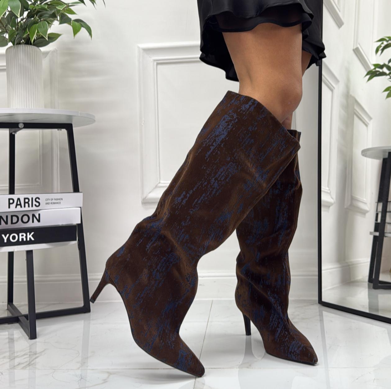 Naomi - Stivale Donna Alto Tacco Punta Casual Elegante Blu e Marrone