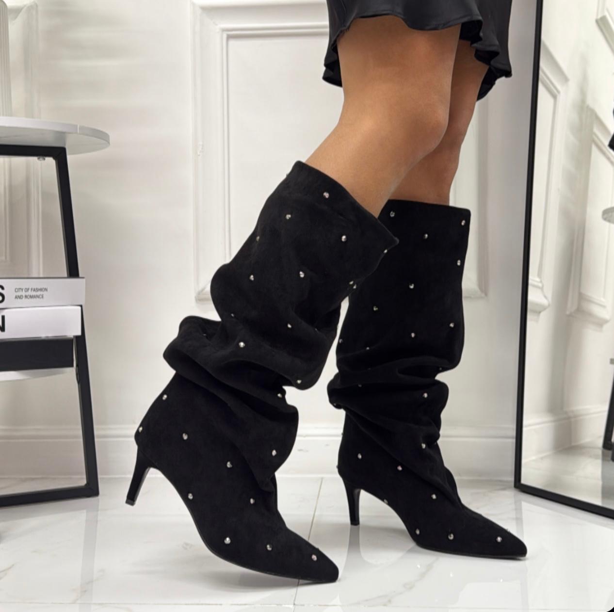 Selena - Stivale Donna Alto Tacco Punta Brillantini Elegante Nero