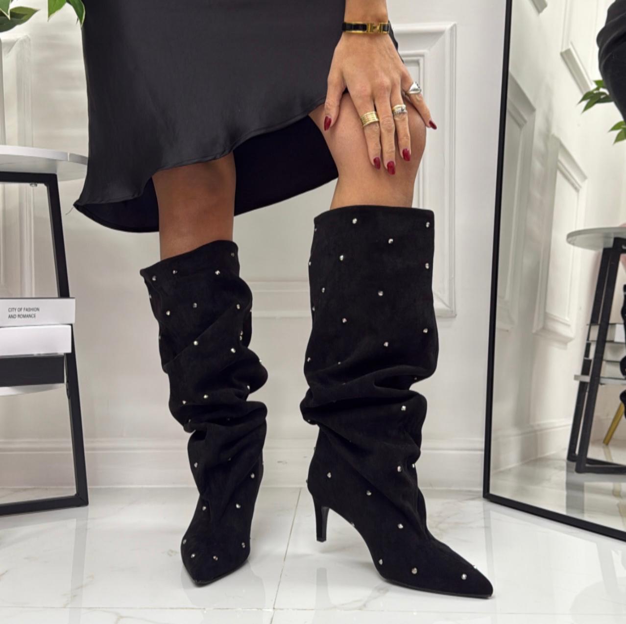 Selena - Stivale Donna Alto Tacco Punta Brillantini Elegante Nero