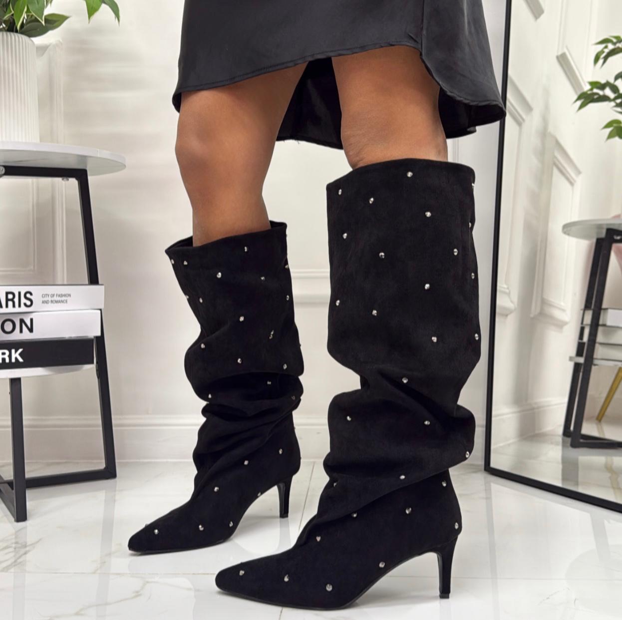 Selena - Stivale Donna Alto Tacco Punta Brillantini Elegante Nero