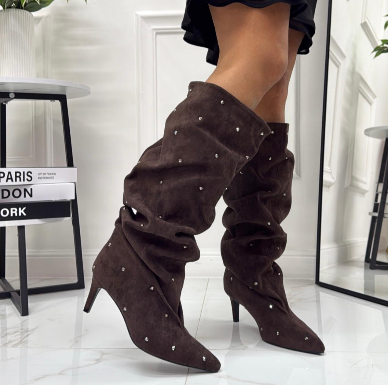 Selena - Stivale Donna Alto Tacco Punta Brillantini Elegante Marrone