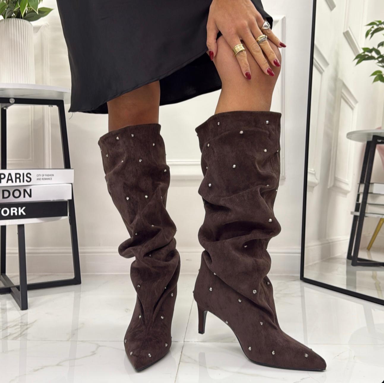 Selena - Stivale Donna Alto Tacco Punta Brillantini Elegante Marrone