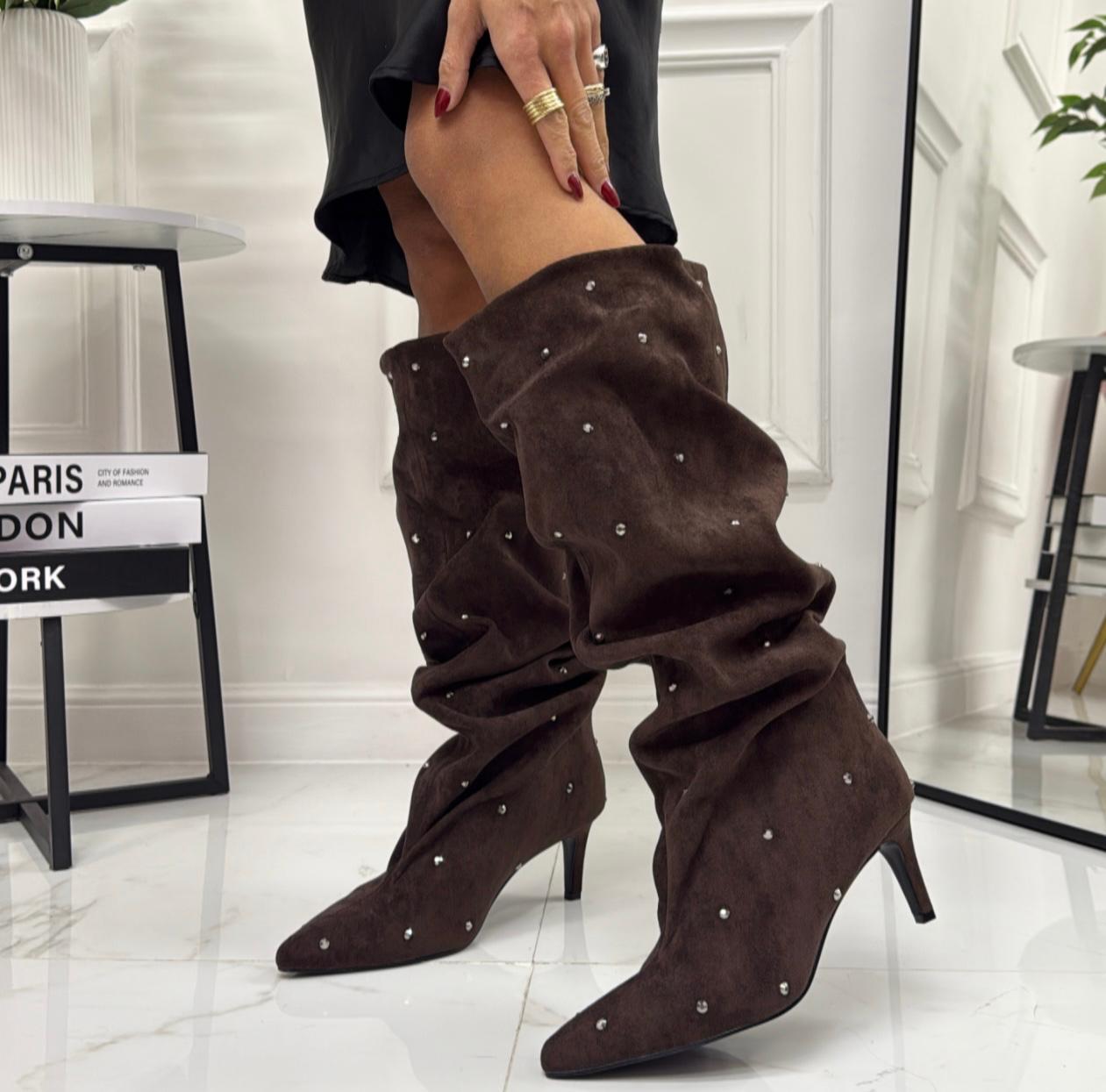 Selena - Stivale Donna Alto Tacco Punta Brillantini Elegante Marrone