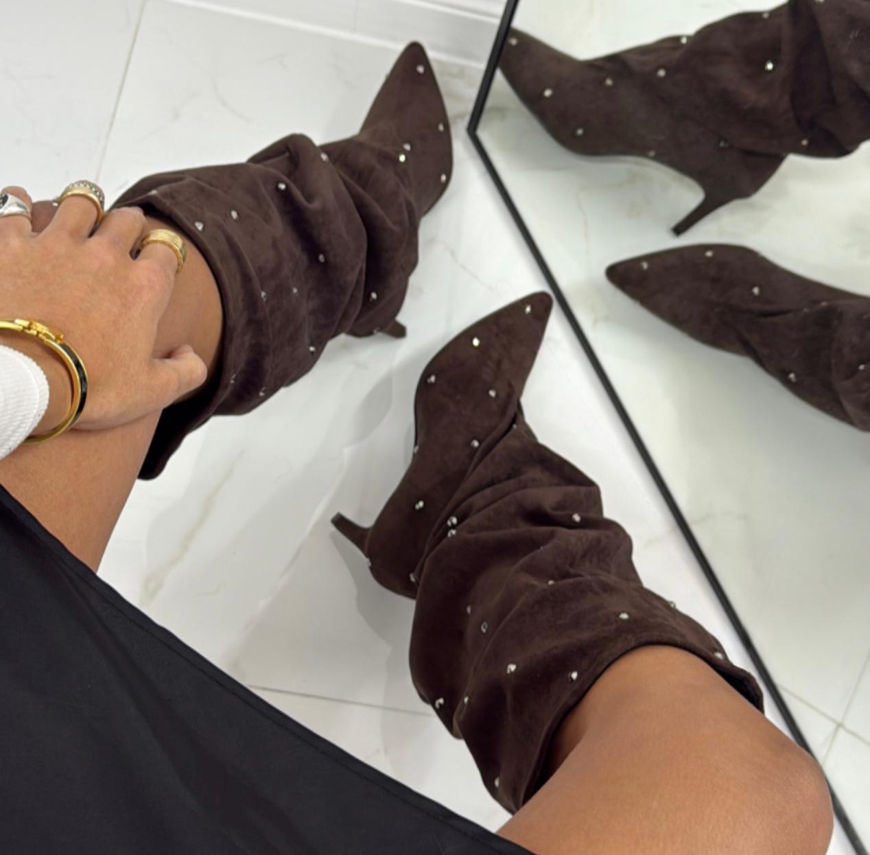 Selena - Stivale Donna Alto Tacco Punta Brillantini Elegante Marrone