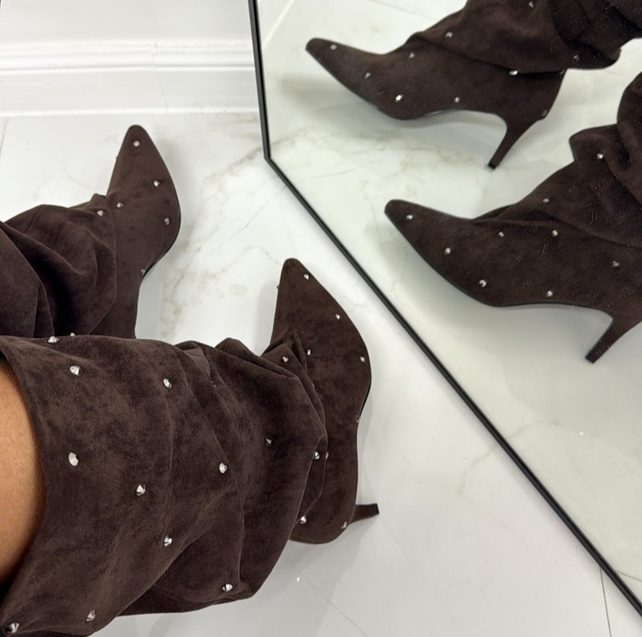 Selena - Stivale Donna Alto Tacco Punta Brillantini Elegante Marrone