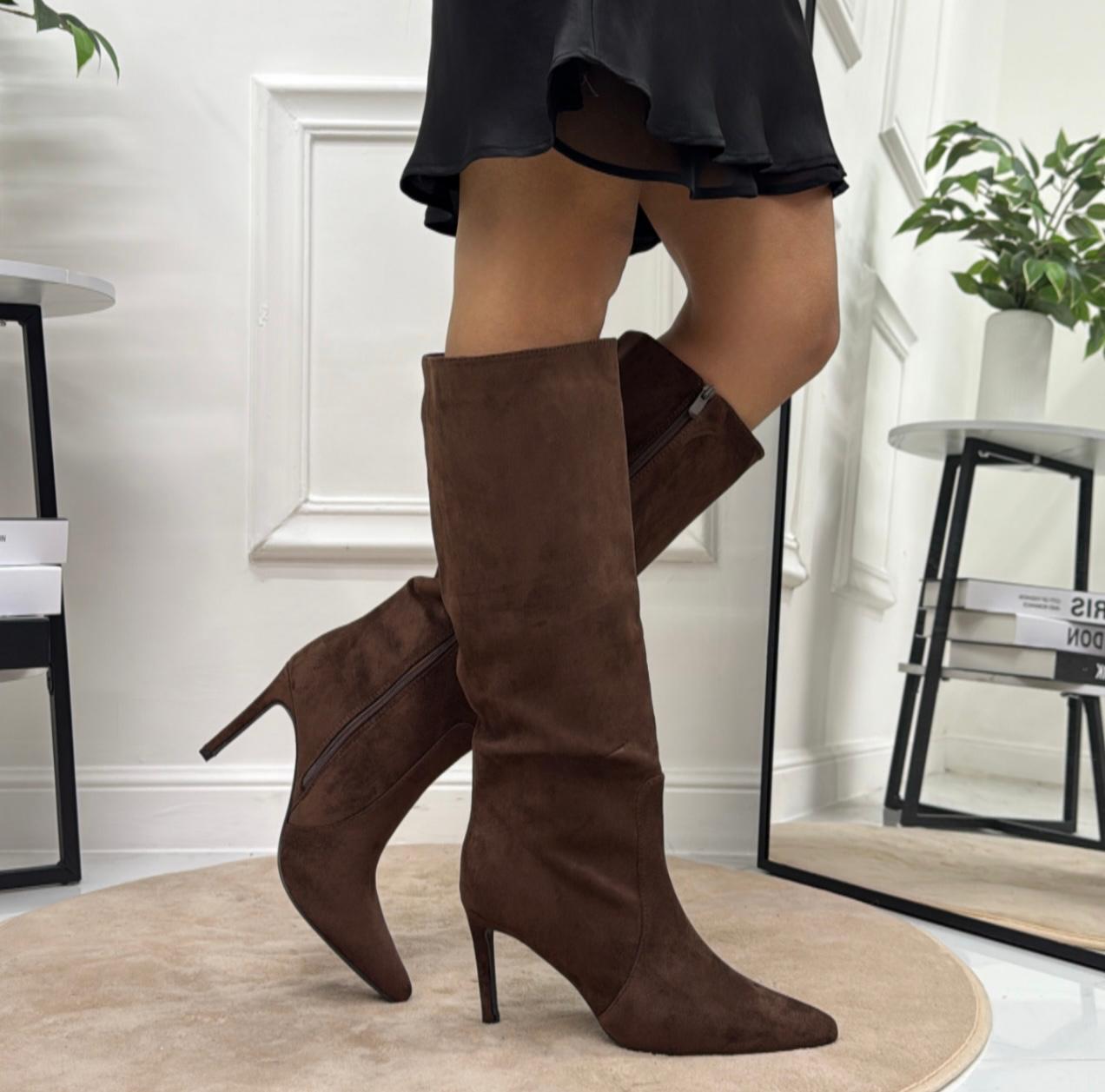 Annie - Stivale Donna Alto Tacco Punta Casual Elegante Marrone