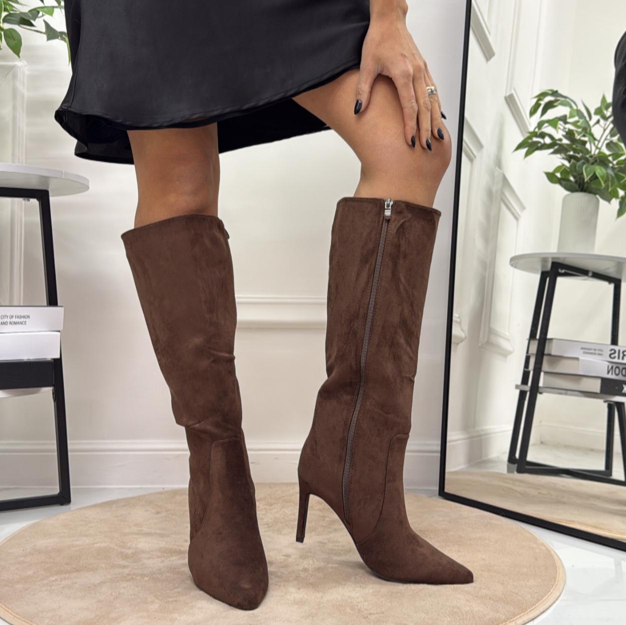 Annie - Stivale Donna Alto Tacco Punta Casual Elegante Marrone