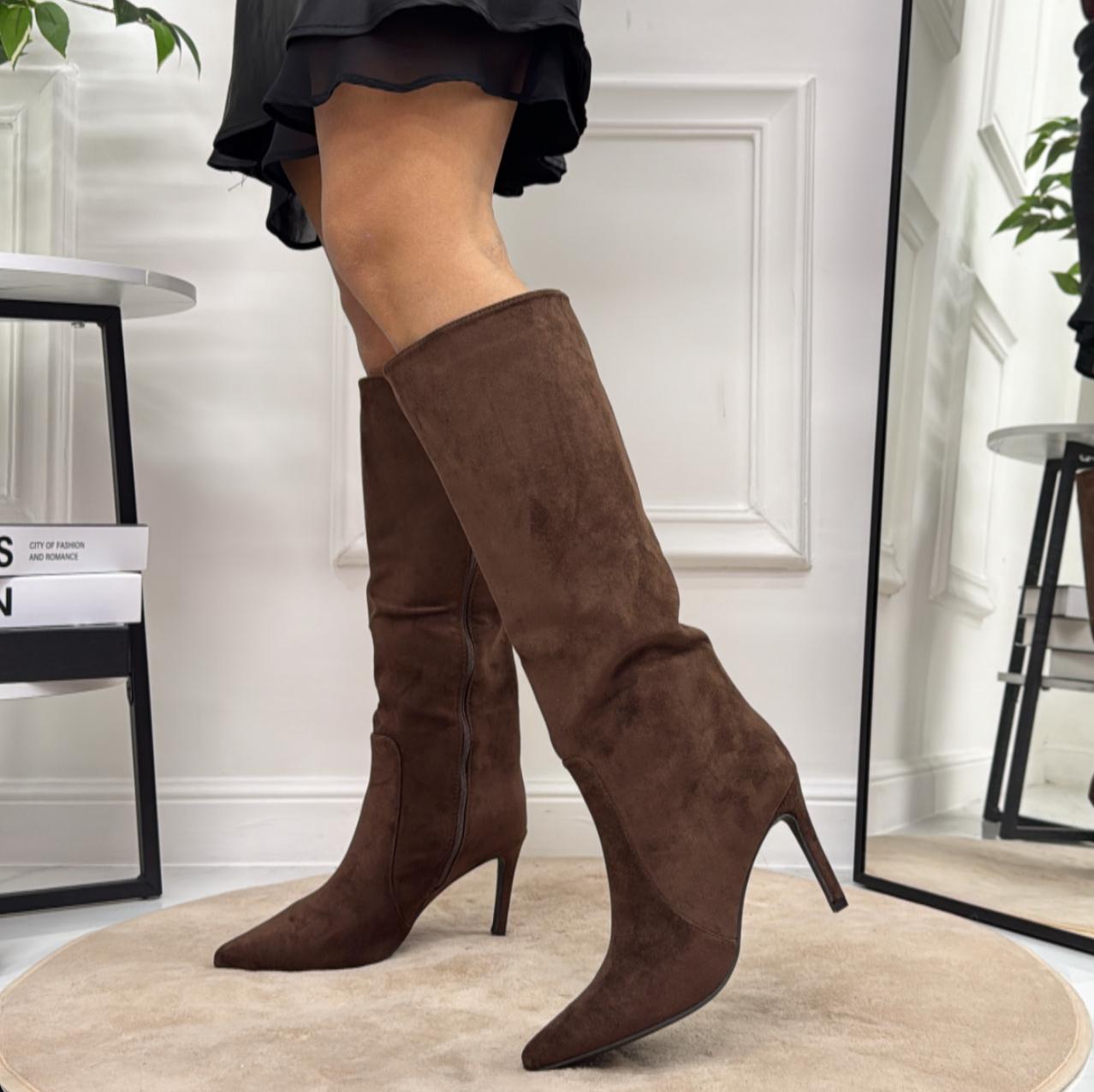 Annie - Stivale Donna Alto Tacco Punta Casual Elegante Marrone