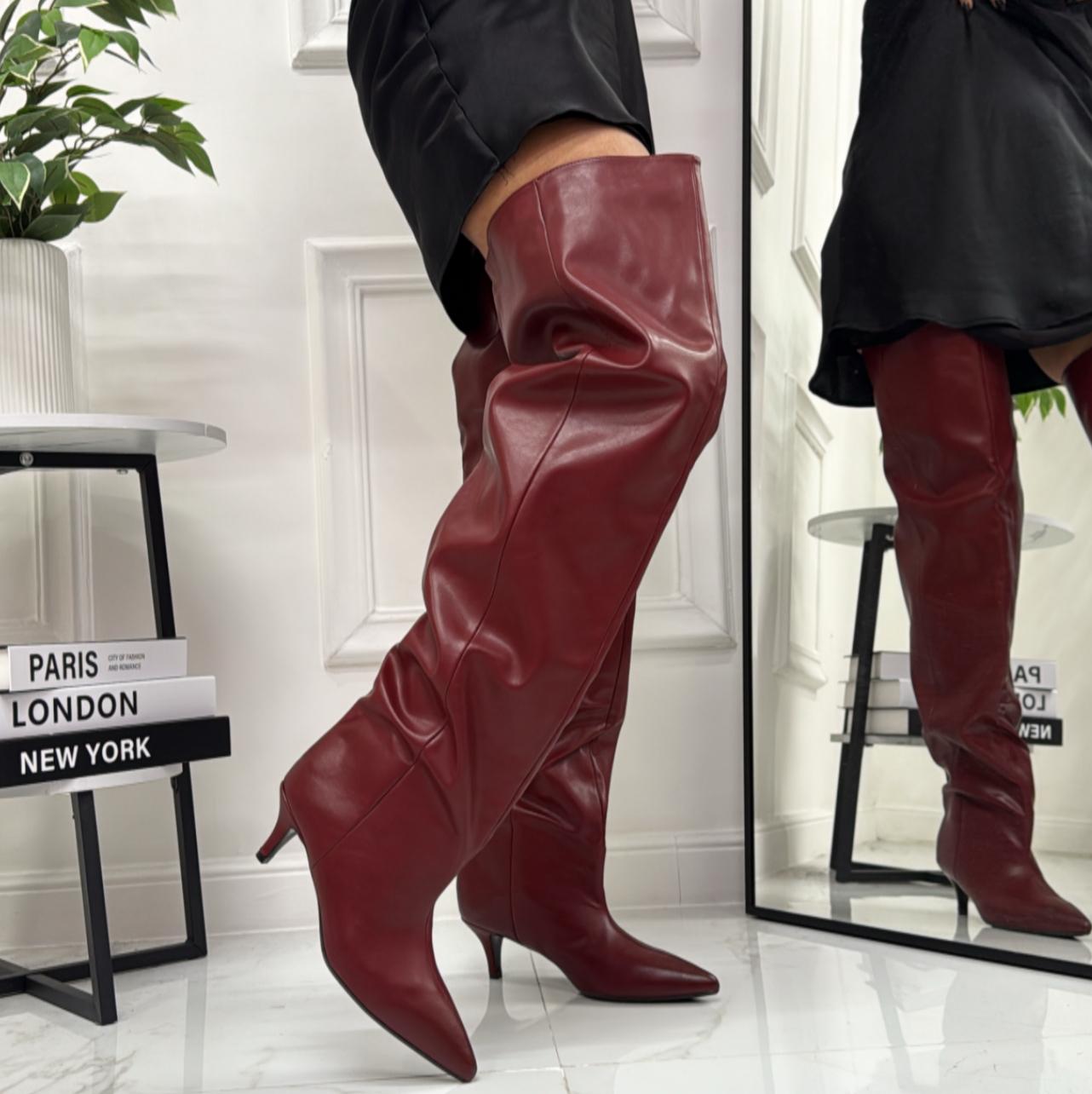 Noemi - Stivale Donna Alto Tacco Punta Casual Elegante Bordeaux