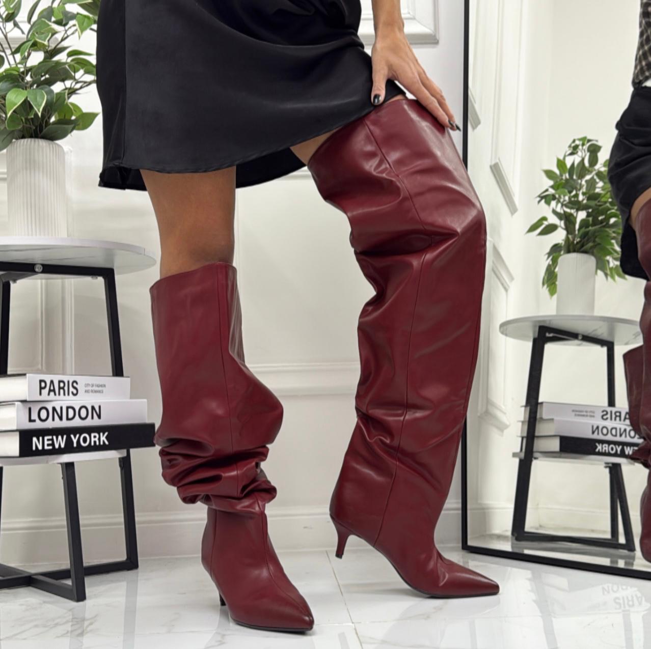 Noemi - Stivale Donna Alto Tacco Punta Casual Elegante Bordeaux