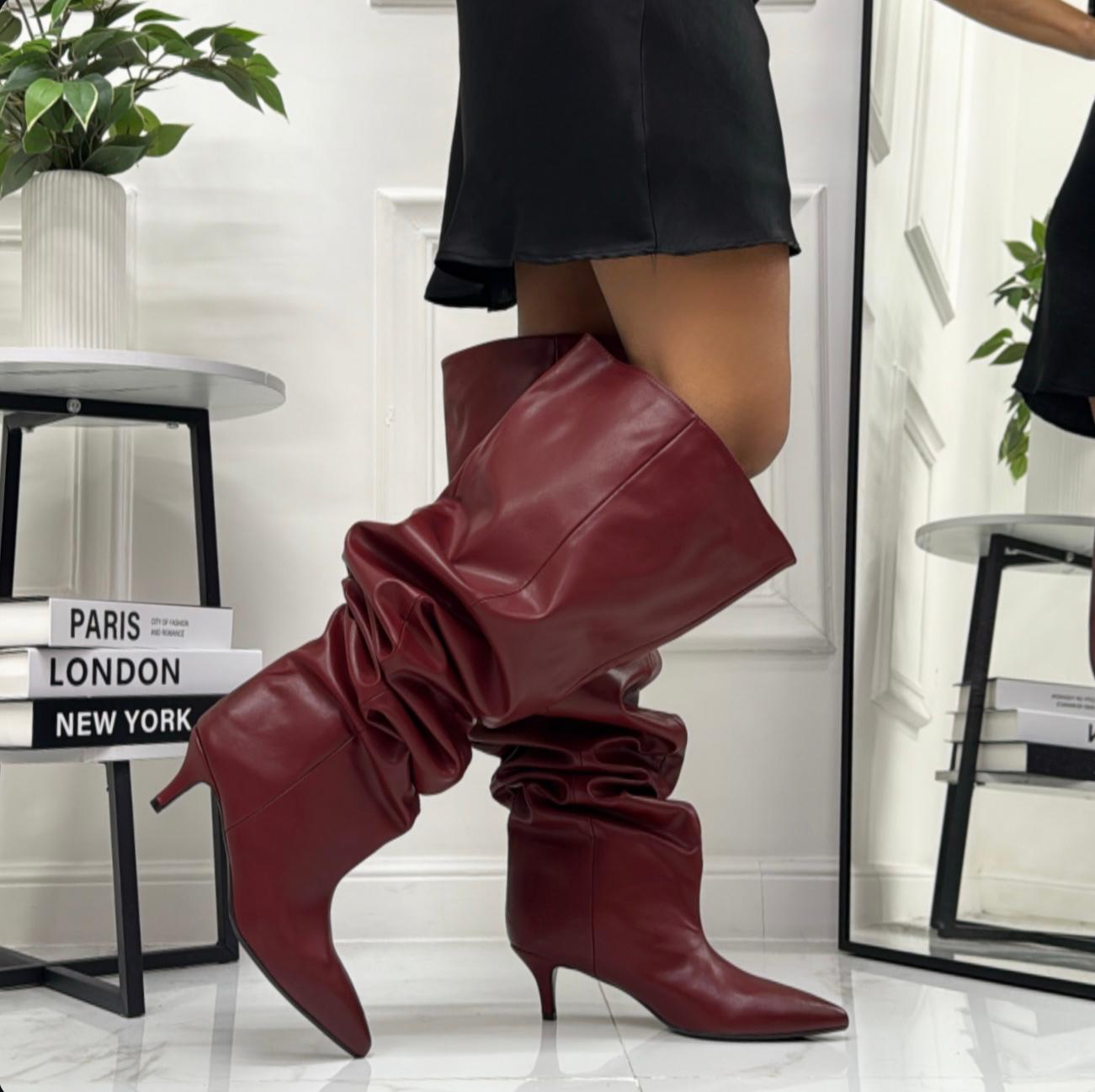 Noemi - Stivale Donna Alto Tacco Punta Casual Elegante Bordeaux
