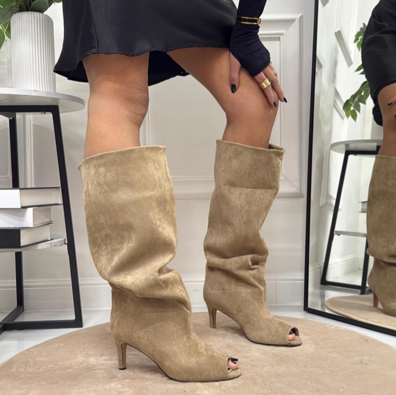 Miry - Stivali Donna Alto Tacco Punta Casual Elegante Beige