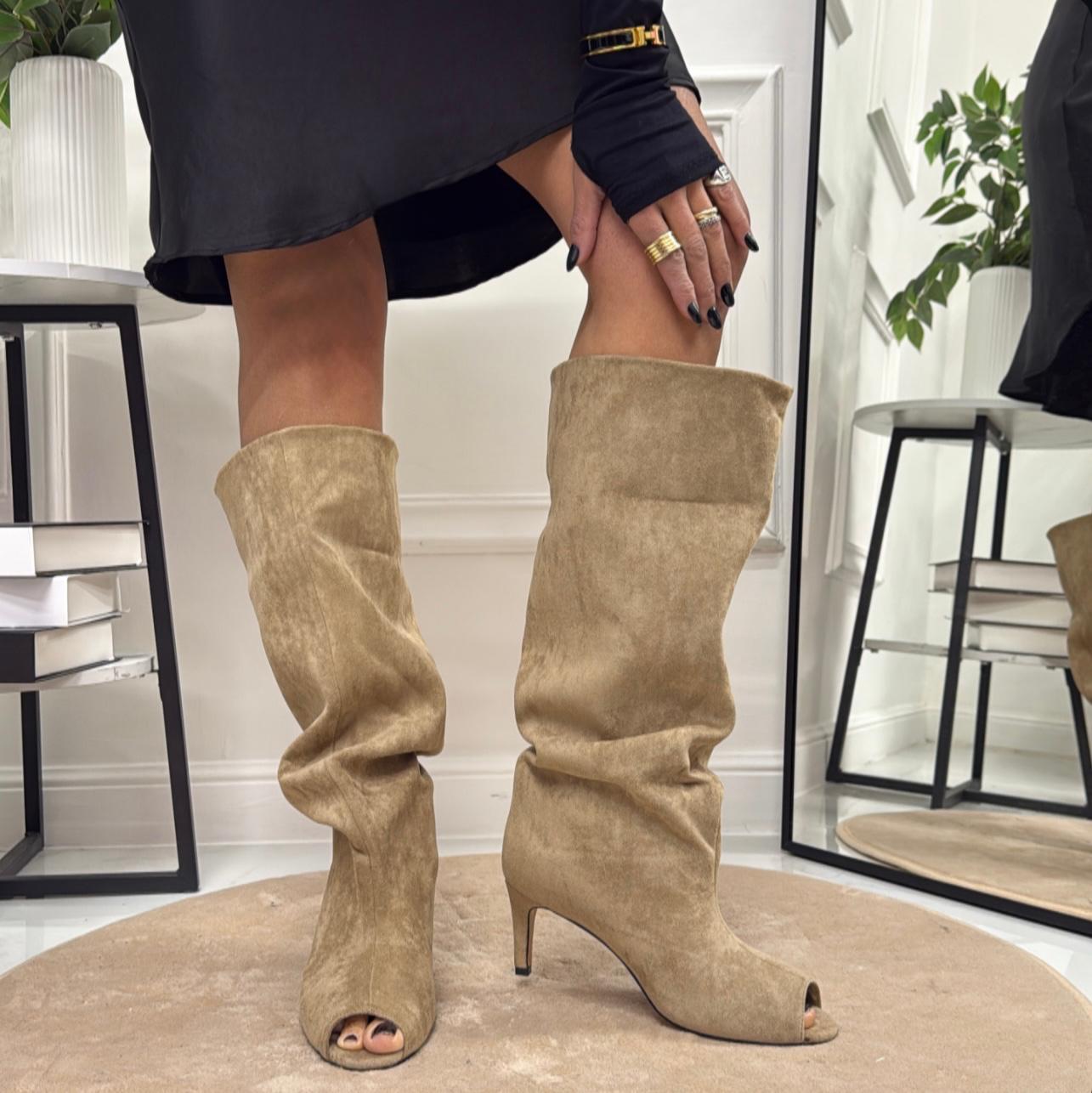 Miry - Stivali Donna Alto Tacco Punta Casual Elegante Beige