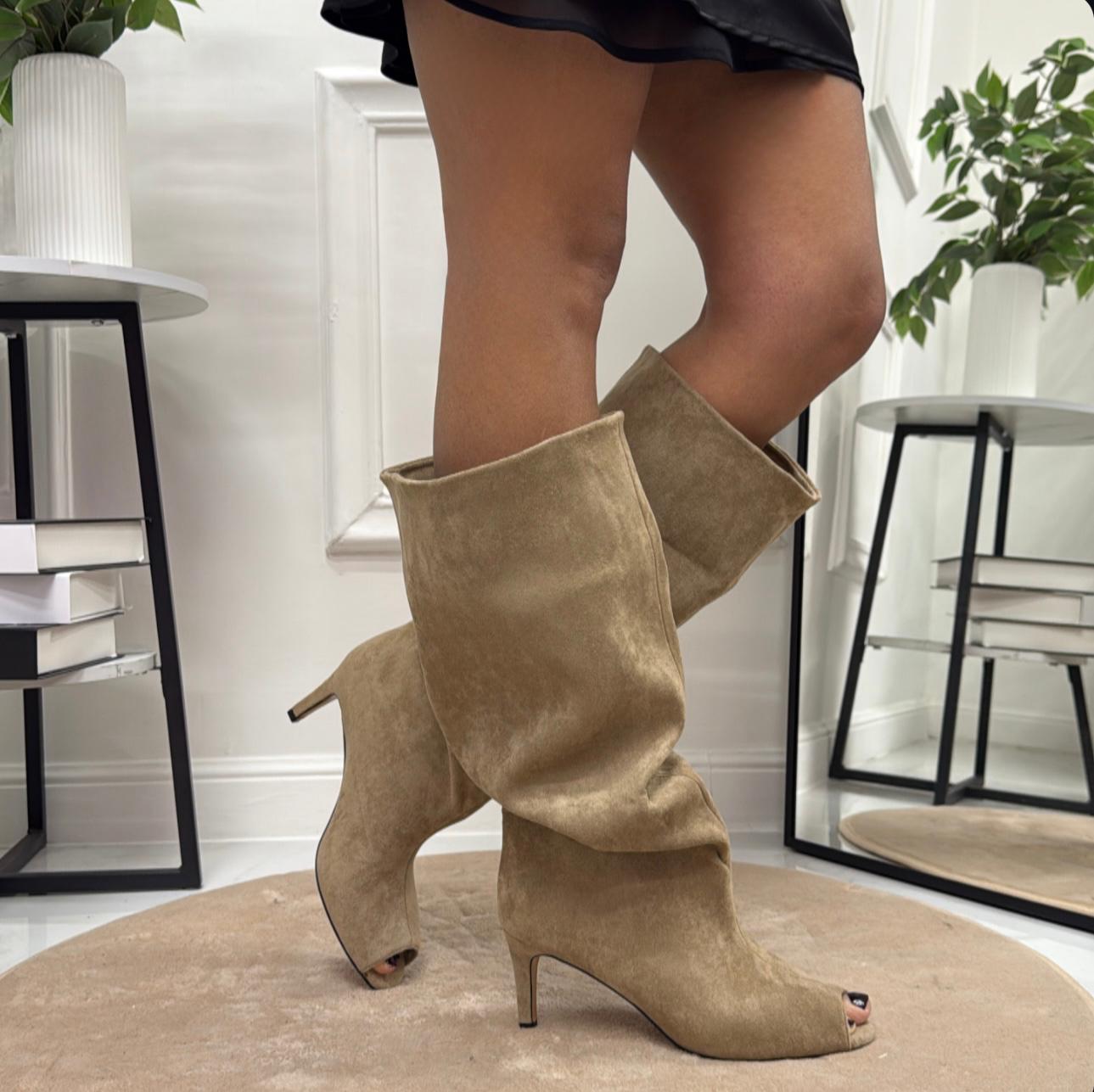 Miry - Stivali Donna Alto Tacco Punta Casual Elegante Beige