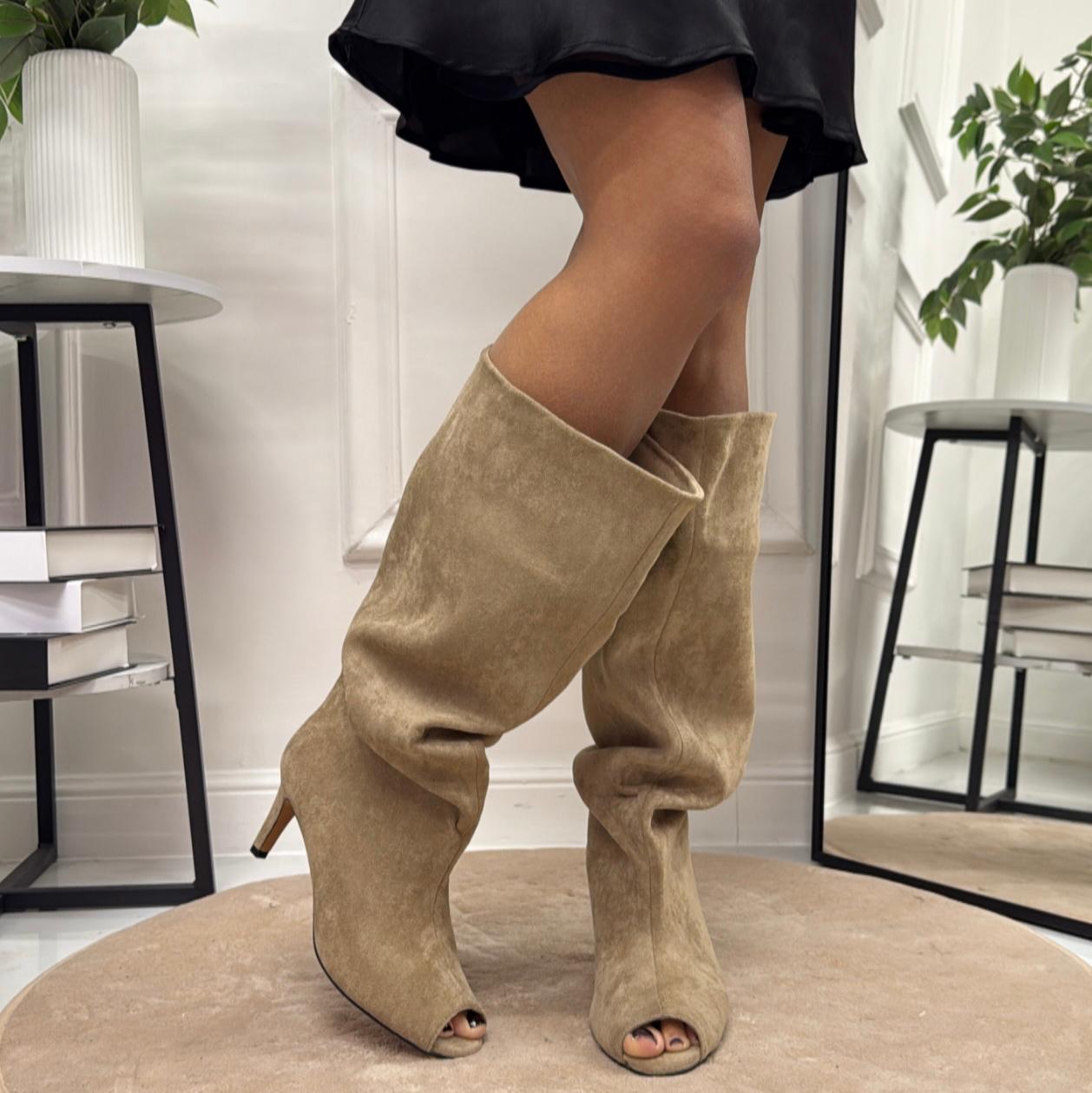 Miry - Stivali Donna Alto Tacco Punta Casual Elegante Beige