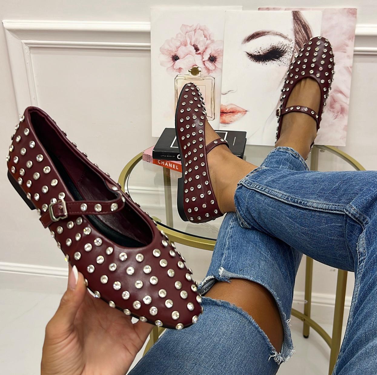 Haven Scarpe Donna Ballerine Cinturino Borchie Casual Bordeaux