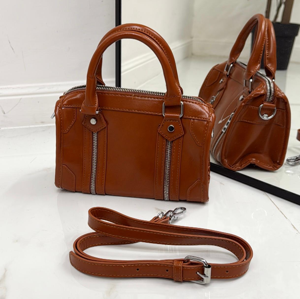 Siviglia - Borsa Donna Pochette Manico Cerniera Nero, Bianco e Cuoio