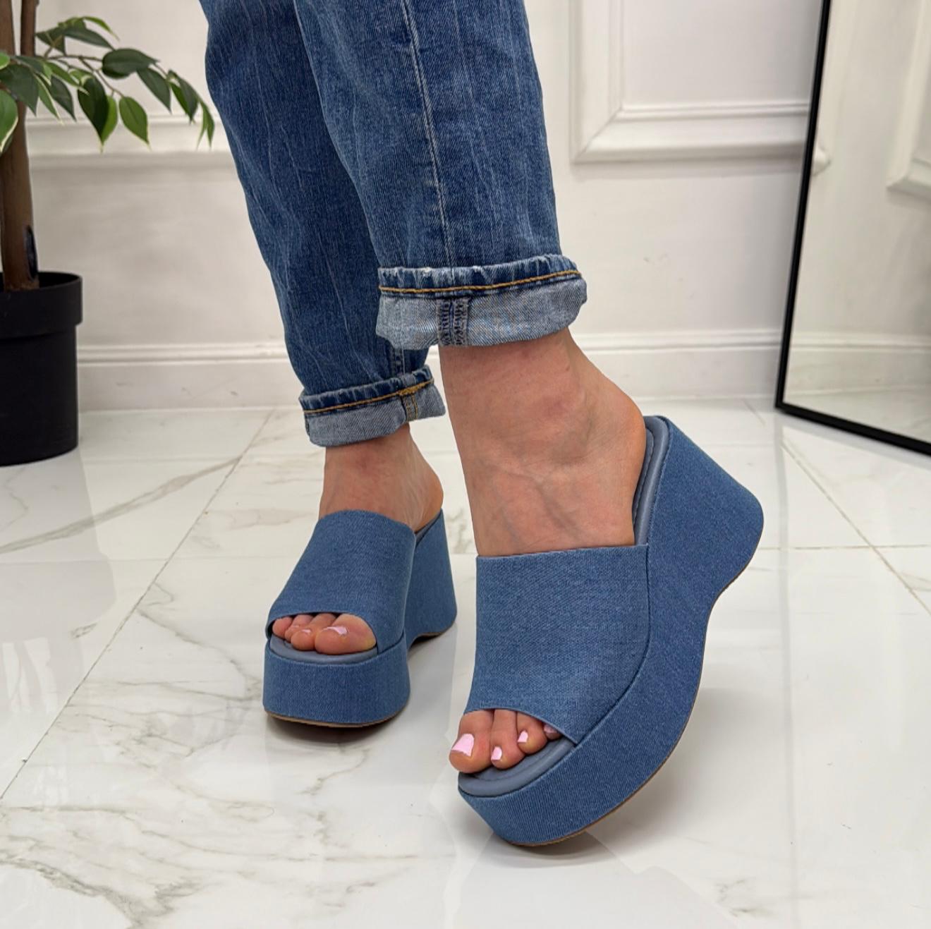 Ilenia - Sandalo Zeppa Donna Punta Tallone Scoperto Jeans